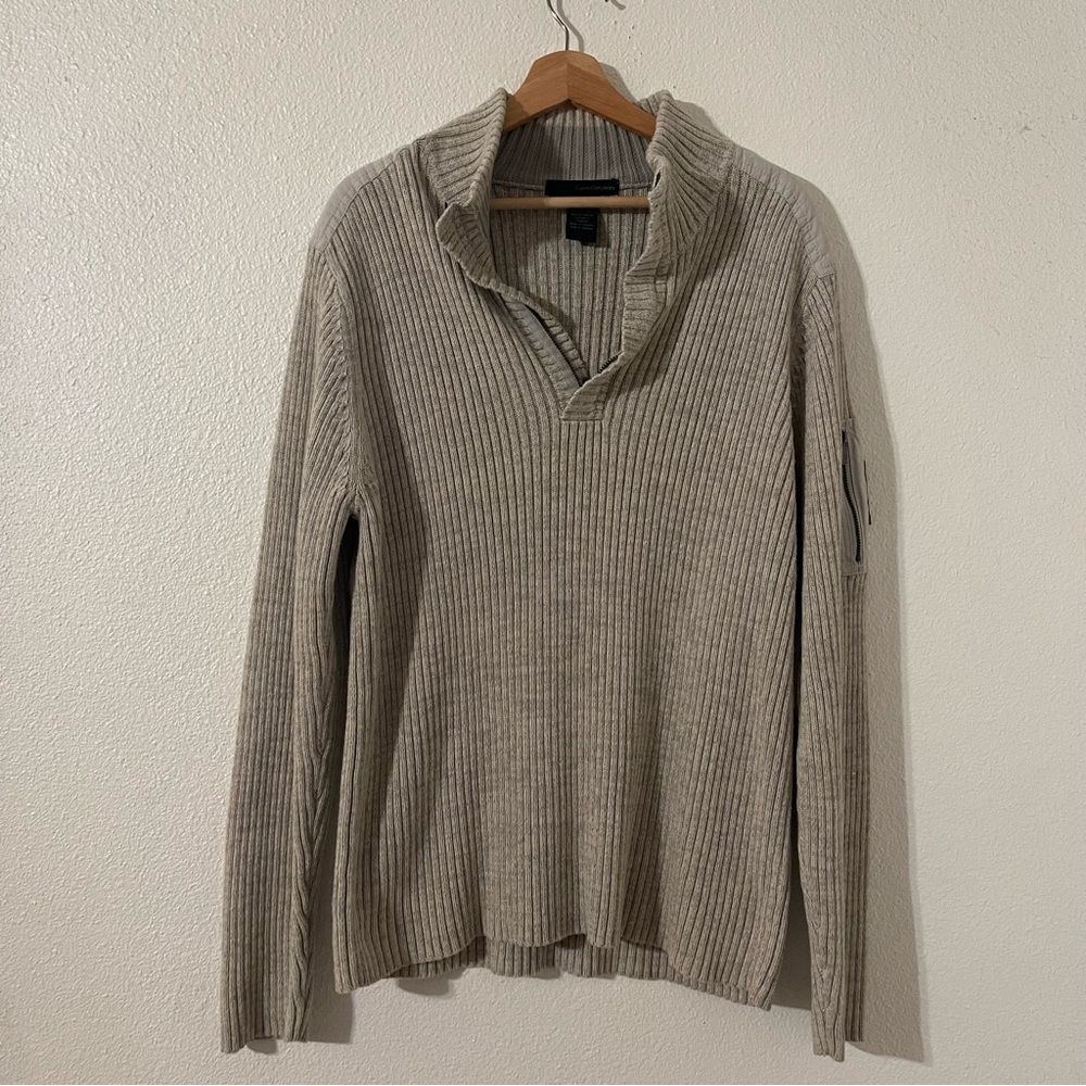 CALVIN KLEIN JEANS Men's 100% Cotton XL 1/4 Zip Gray/Beige Ribbed Sweater